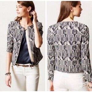 Anthropologie Jacket Hei Hei FAIFO Woven Tweed Jacquard Raw Hem Full Zip Boho 6
